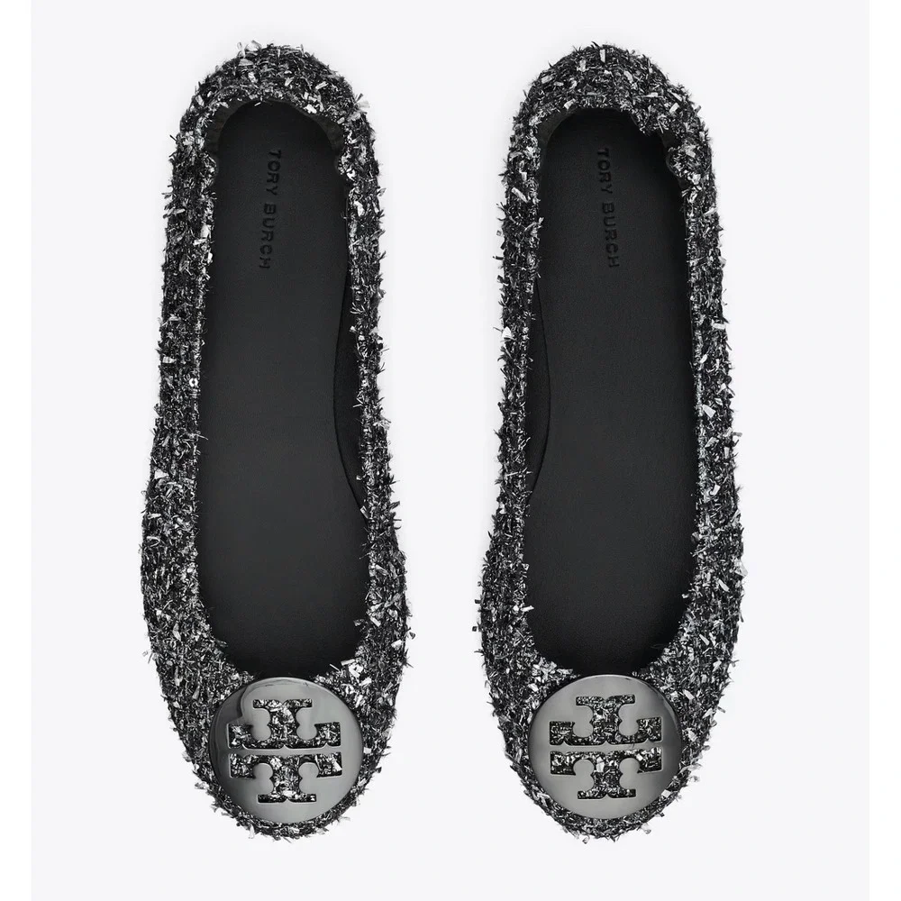 Tory Burch Minnie Travel Ballet Flats Black Silver Metallic Tweed 6M